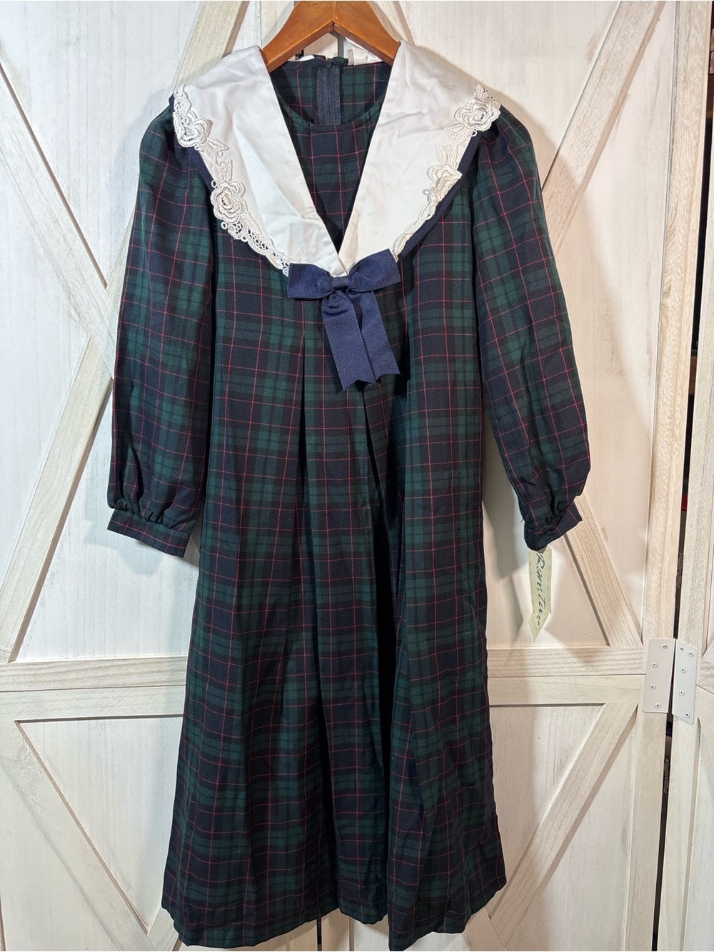 Rare Editions Green Plaid Sailor Dress with White Collar and Navy Bow